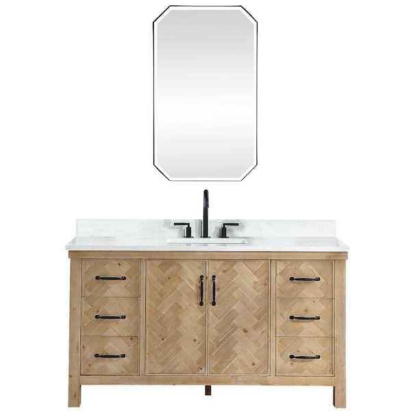 ROSWELL Javier 60 in. W x 22 in. D x 33.9 in. H Single Sink Bath Vanity in Brown with White Grain Composite Stone Top and Mirror