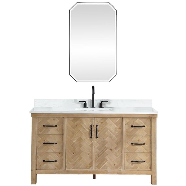 Javier 60 in. W x 22 in. D x 33.9 in. H Single Sink Bath Vanity in Brown with White Grain Composite Stone Top and Mirror