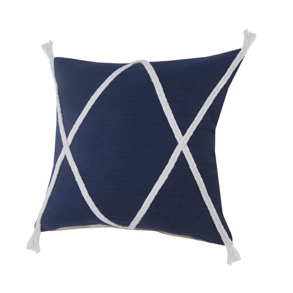 Coastal Square Navy and White Braided Tasseled Throw Pillow