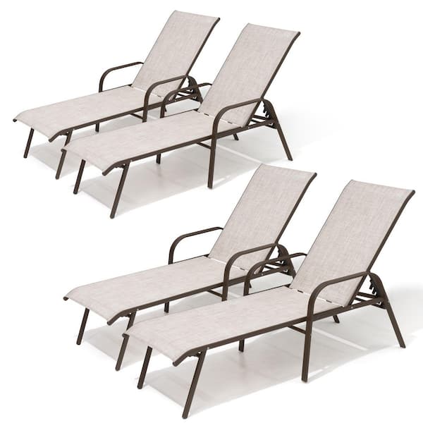 All-Weather 4-Piece Outdoor Chaise Lounge with 6-Position Adjustable Metal Backrest and Armrests in Beige for Poolside