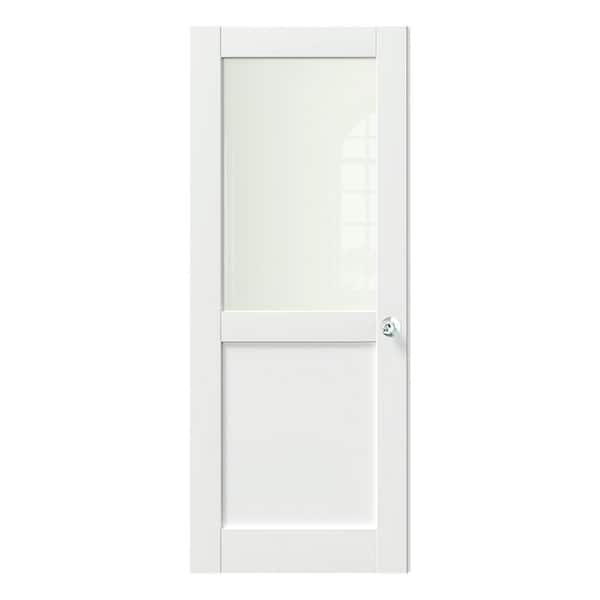 TENONER 32 in. x 80 in. MDF Wood, Primed, White, 1/2 Lite, Frosted Glass Interior Door Slab With Silver Sphere Doorknob