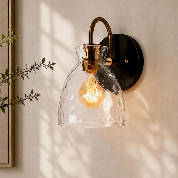 1-Light Black and Gold Wall Sconce with Bell Ripple Glass Shade