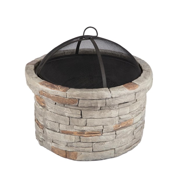 TIRAMISUBEST 27.36 in. W x 20.47 in. H Round Magnesium Oxide Wood Burning Gray Fire Pit with Fire Poker
