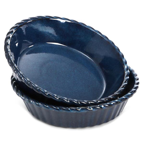 10 in. Deep Fluted Ceramic Pie Plate, 54 oz. Round Baking Dish with Twisted Edge, 2-Pack, Dark Blue