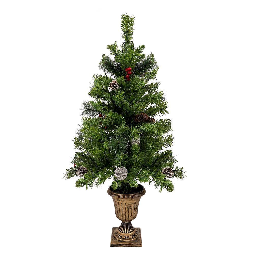 Pre-Lit Artificial Christmas Tree 4-Piece Set, Garland, Wreath, Set of 2 3 ft. Xmas Trees with LED Lights