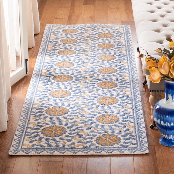 Chelsea Ivory/Blue 3 ft. x 10 ft. Border Floral Circles Runner Rug