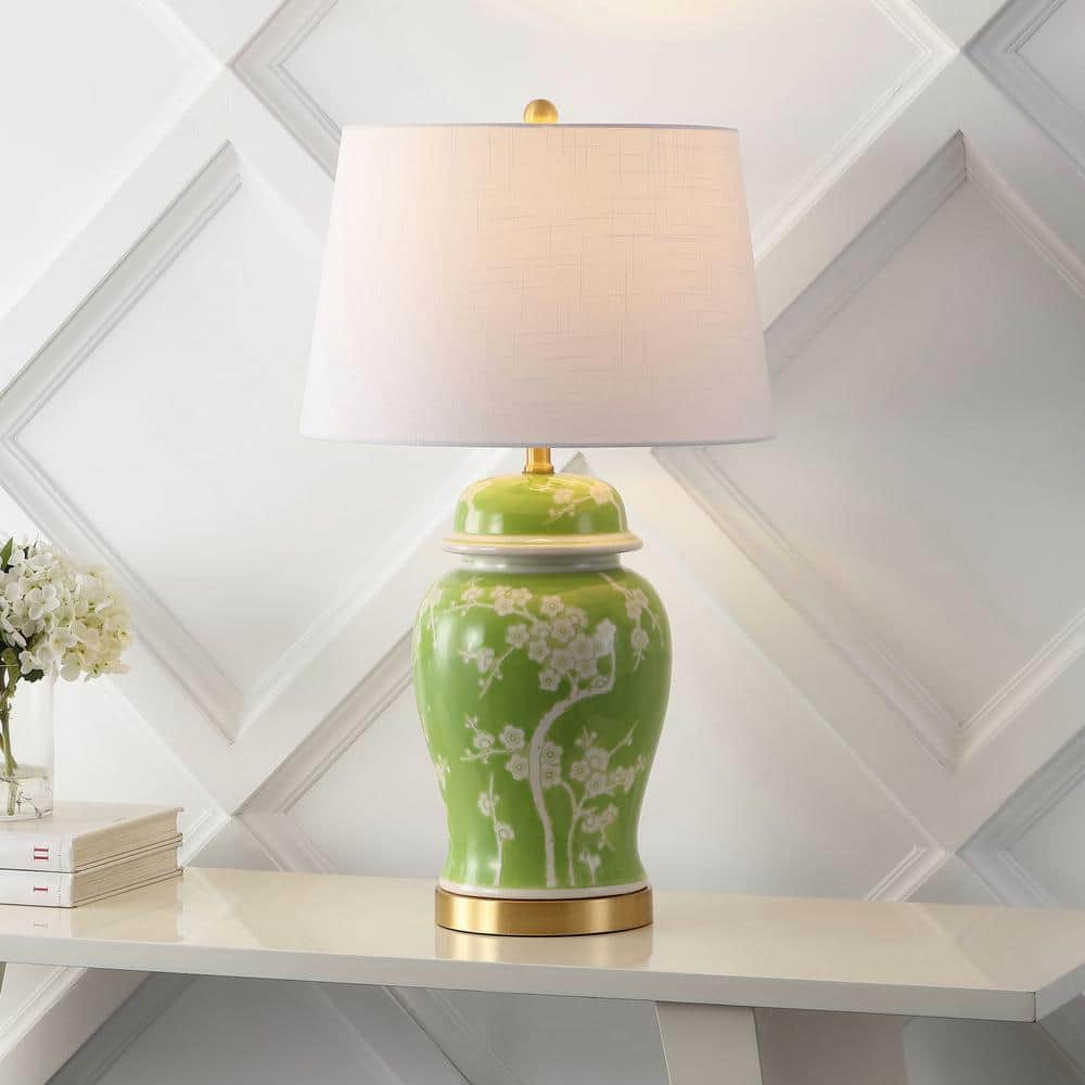 Gracie Green and White Ceramic Ginger Jar LED Table Lamp