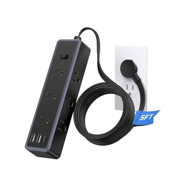 Lukyamzn 5 ft. Extension Cord Flat Plug Surge Protector Power Strip with 9 Outlets, 2 USB A Ports and 1 USB C Port, Black