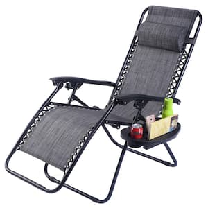 Folding Metal Zero Gravity Reclining Outdoor Lounge Chair with Cup Holder Tray and Headrest in Gray