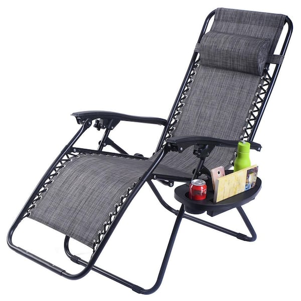 Folding Metal Zero Gravity Reclining Outdoor Lounge Chair with Cup Holder Tray and Headrest in Gray