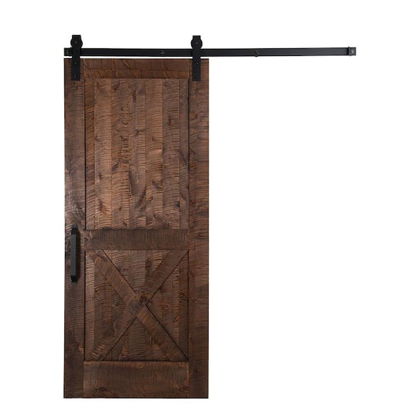 Rustica Hardware 42 in. x 84 in. Stain, Glaze, Clear Rockwell Rough Sawn Unassembled Wood Sliding Barn Door with Hardware Kit