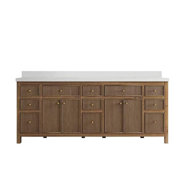 Sonoma Teak 84 in. W x 22 in. D x 36 in. H Double Sink Bath Vanity in Dark Teak with 2" White Quartz Top