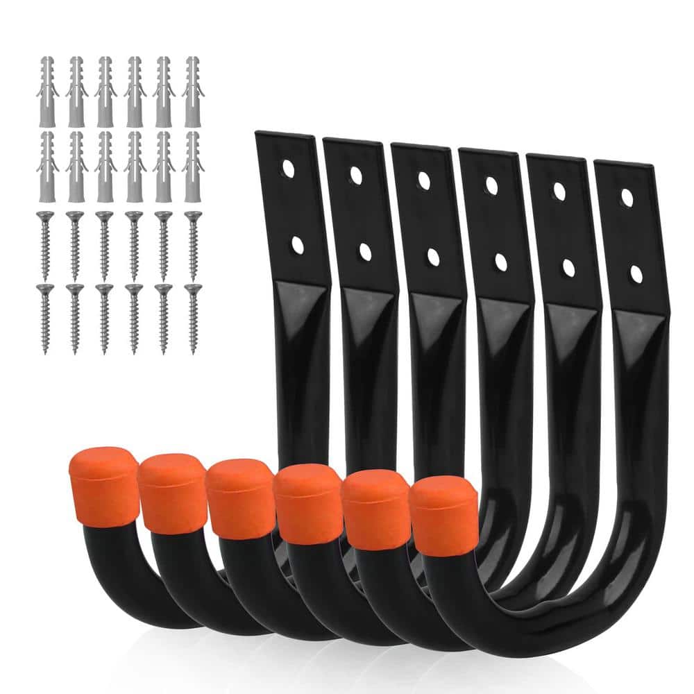 6 Pack Heavy Duty Black Metal Garage Hooks with Rubber Tips