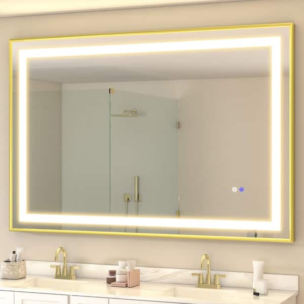 WOODSAM 60 in. W x 40 in. H Rectangular Aluminum Framed Anti-Fog LED Lighted Wall Bathroom Vanity Mirror in Brushed Gold