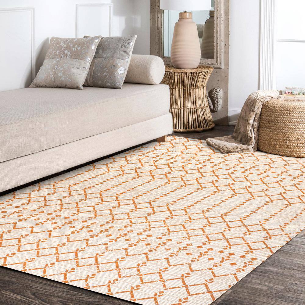 Cream and Orange Geometric Flatweave Indoor/Outdoor Rug