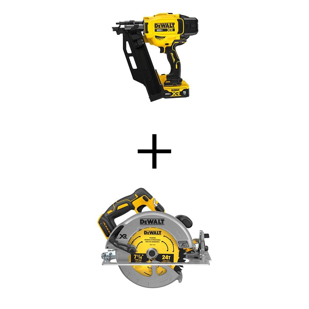 DEWALT 20V Lithium-Ion 3-1/2" Max 21° Cordless Framing Nailer Kit, Cordless Brushless 7-1/4 in. Circular Saw with 5Ah Btry&Chgr