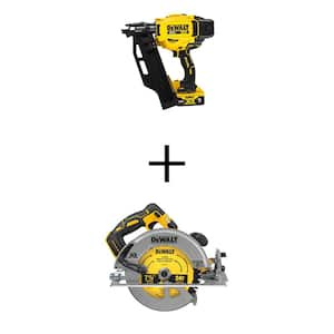 20V Lithium-Ion 3-1/2" Max 21° Cordless Framing Nailer Kit, Cordless Brushless 7-1/4 in. Circular Saw with 5Ah Btry&Chgr