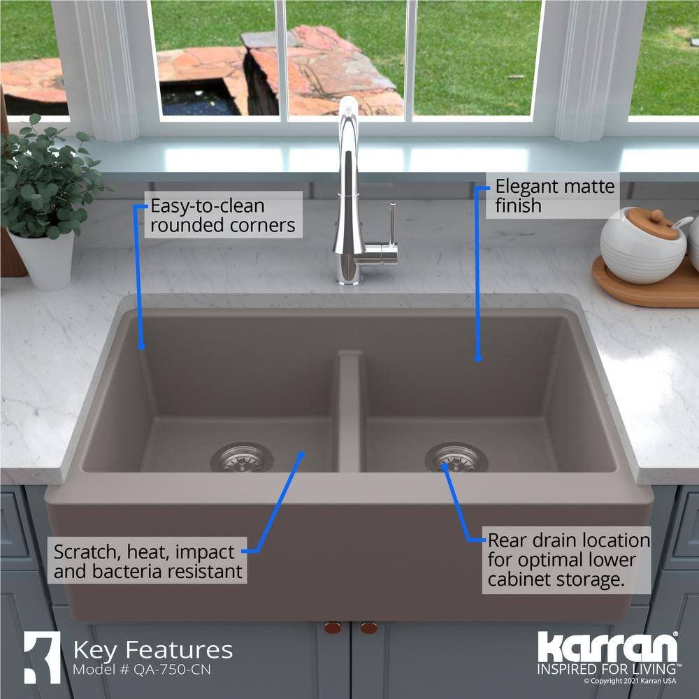 Concrete Quartz Composite Farmhouse Apron Front Double Bowl Kitchen Sink