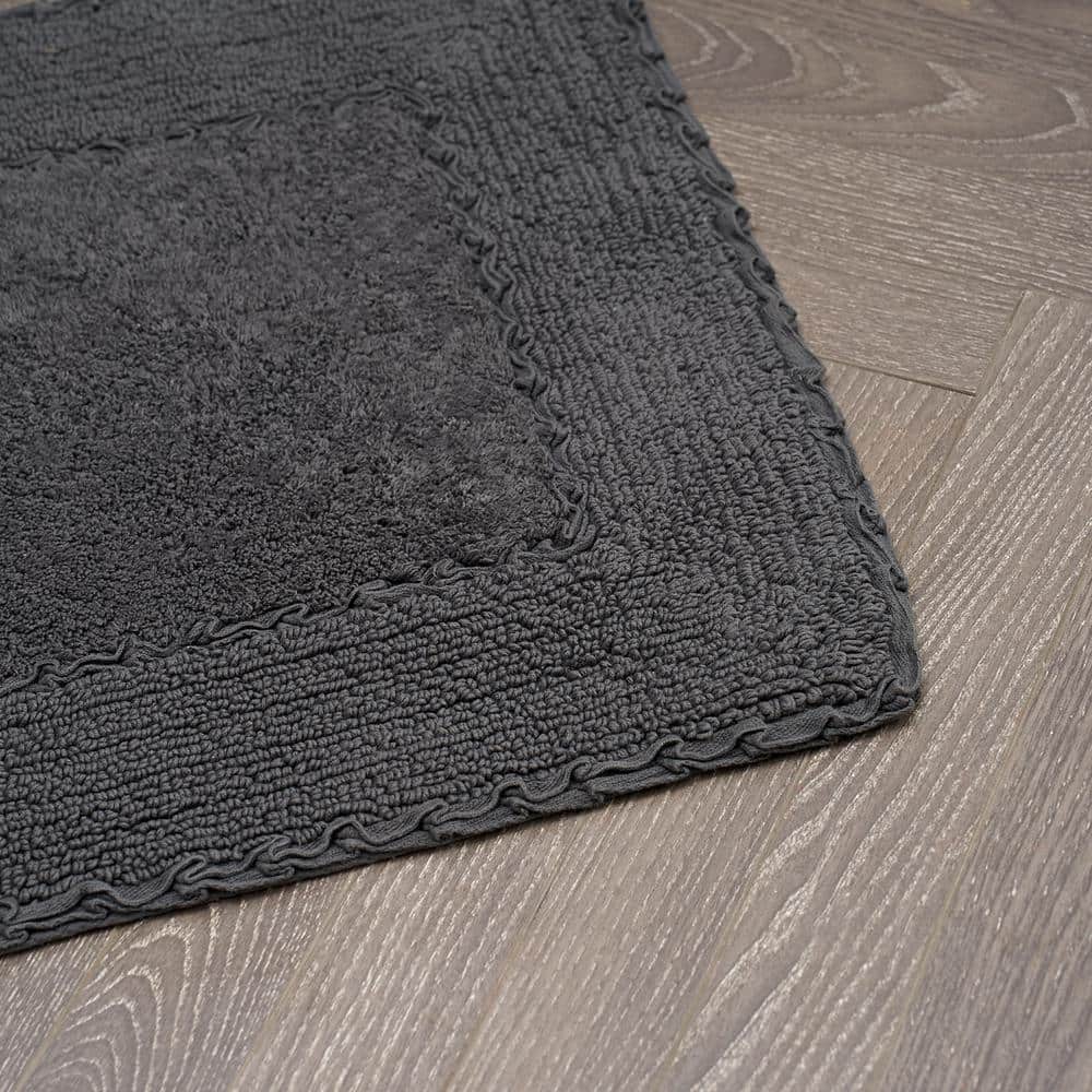 Dark Gray Cotton Ruffle Border Machine Washable Bath Mat Set