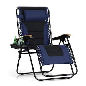 Metal Outdoor Recliner Adjustable Folding Patio Lounge Chair with Navy Cushion