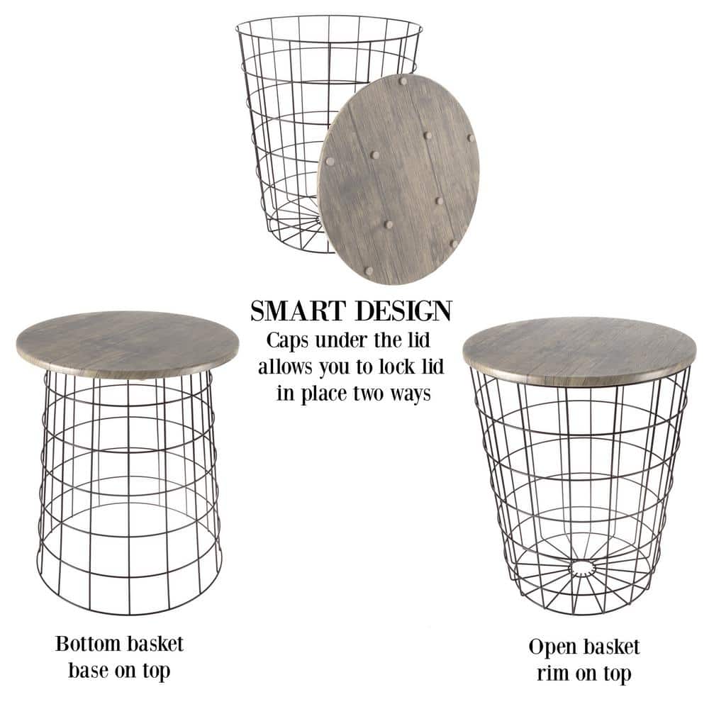 Gray Round Wood and Metal Nesting End Tables with Storage