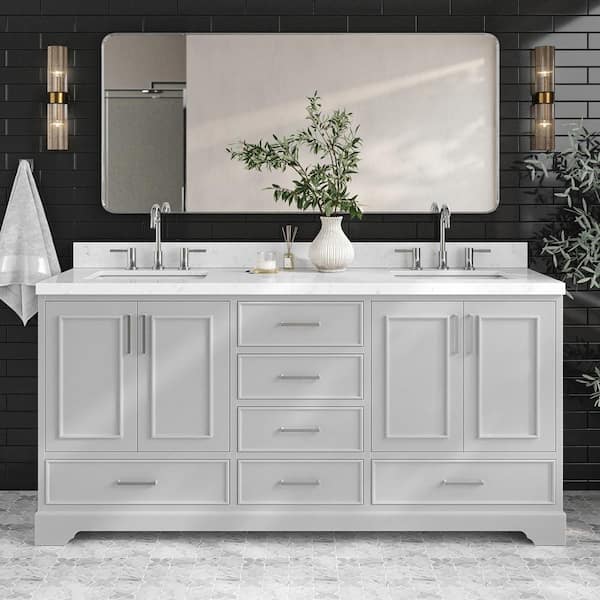 ARIEL Stafford 72 in. W x 22 in. D x 36 in. H Double Sink Freestanding Bath Vanity in Grey with Carrara White Quartz Top