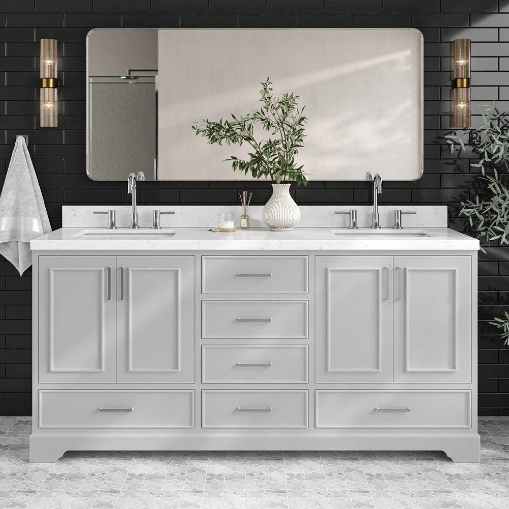 Stafford 73" Grey Double Freestanding Vanity Cabinet with Satin Brass Hardware