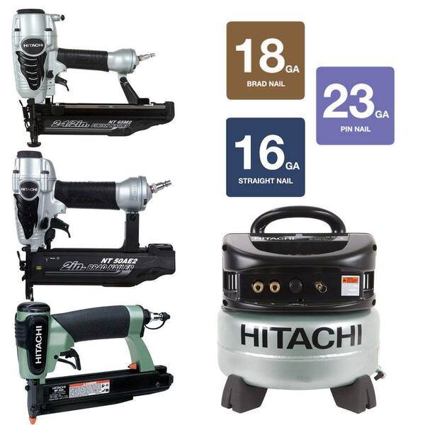 Hitachi 2-1/2 in. Finish Nailer, 2 in. Finish Nailer, 1-3/8 in. Pin Nailer and 6 gal. Compressor Kit (4-Piece)