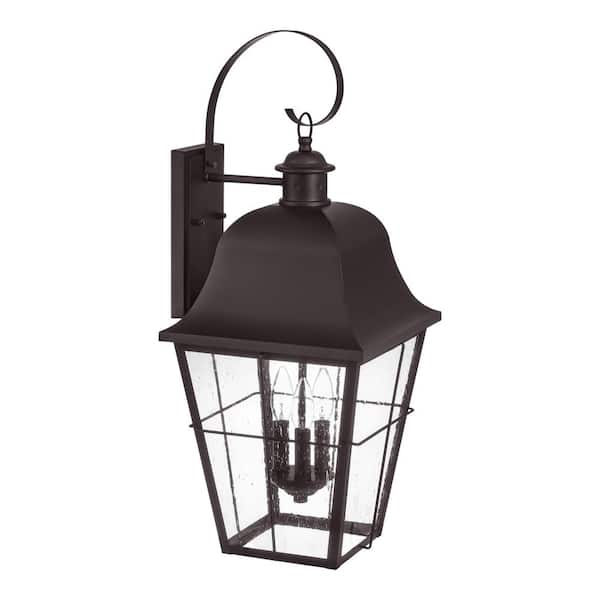 Hampton Bay Warwick 28 in. Espresso Bronze Finish Hardwired Outdoor Wall Lantern Seeded Glass