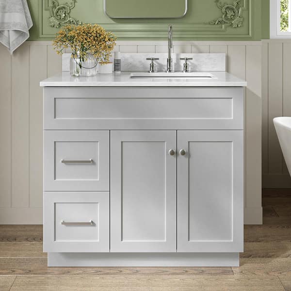 ARIEL Hamlet 37 in. W x 22 in. D x 35.25 in. H Bath Vanity in Grey with Carrara Marble Vanity Top