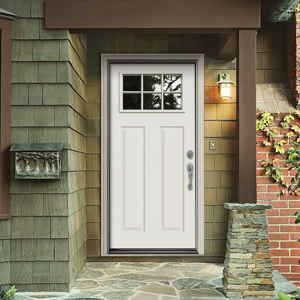 32 in. x 80 in. 6 Lite Craftsman White Painted Steel Prehung Left-Hand Inswing Front Door w/Brickmould