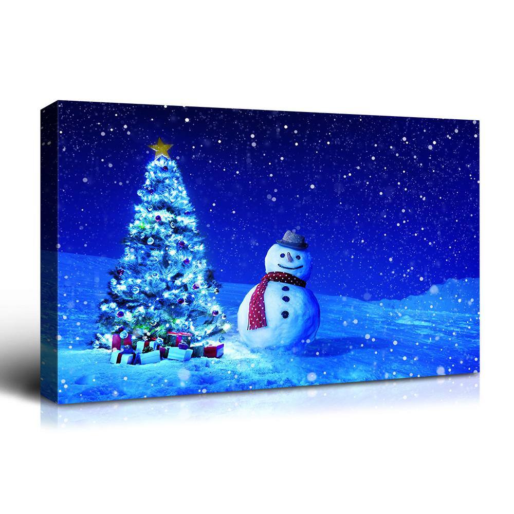 Christmas Tree with Cute Snowman Solid Wood Framed Canvas Print Christmas T