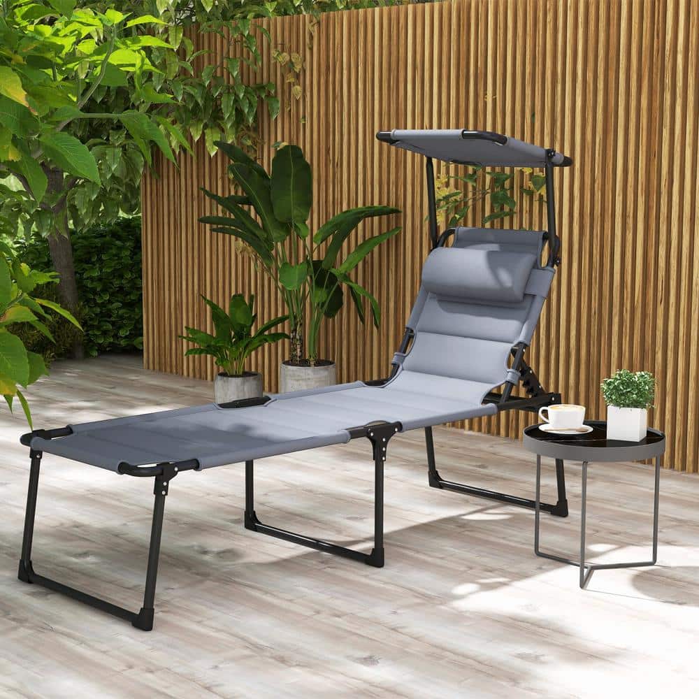 Gray Adjustable Outdoor Lounge Chair with Cushions and Sunshade