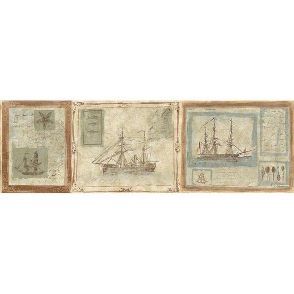 The Wallpaper Company 8 in. x 10 in. Beige Earth Tone Nautical Ships Border Sample