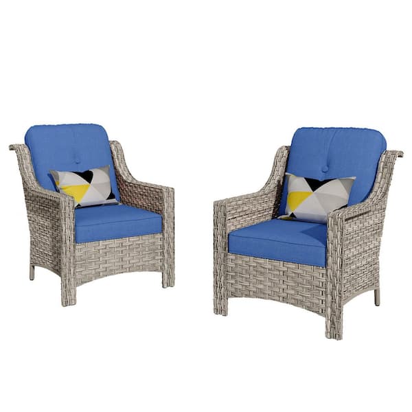 Eureka Gray Modern Wicker Outdoor Lounge Chair Seating Set with Navy Blue Cushions (2-Pack)
