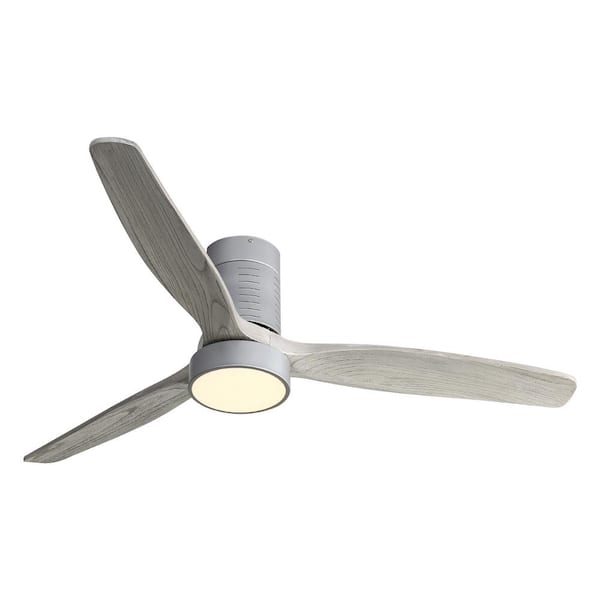 Sofucor 52 in. LED Indoor/Outdoor Flush Mount  Silver Ceiling Fan with Grey Wood Blades, 6-Speed DC Remote Control