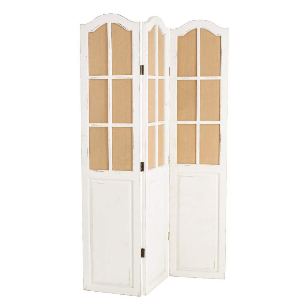 Beige and White Fir Wood Triple Panel Folding Privacy Screen