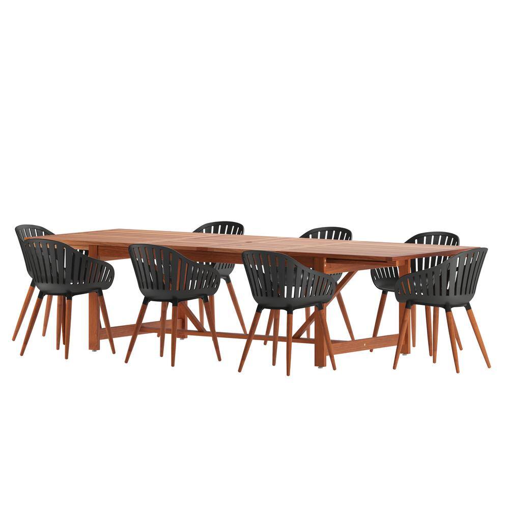 Amazonia Lulu 9-piece Eucalyptus Wood Patio Dining Table Set against a white background.