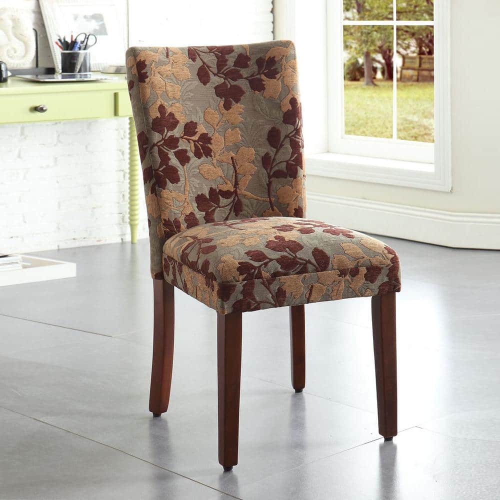 Brown Floral Upholstered Parsons Side Chair with Wood Legs