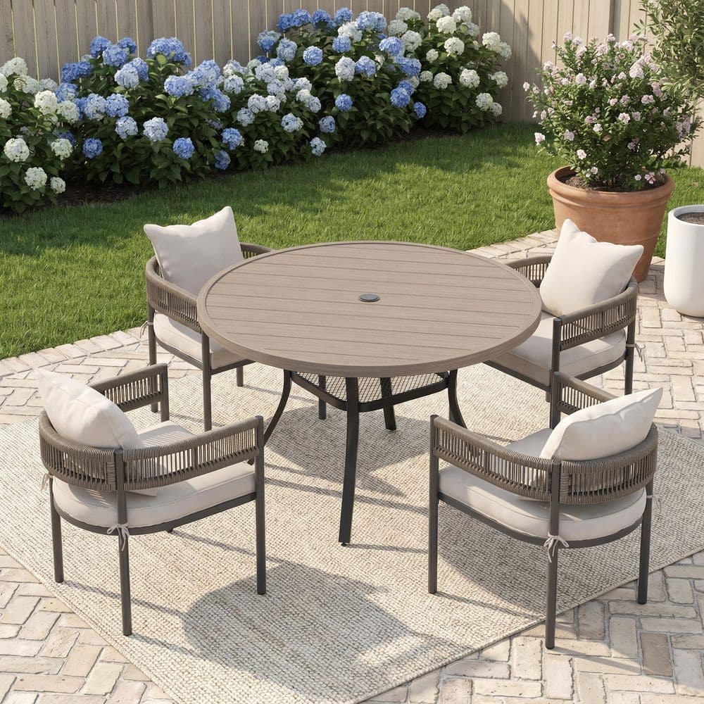 5-Piece Metal Outdoor Dining Set with 47.2 in. Gray Wood-Like Round Table and 4 Woven Rope Chairs with Cushions in White price history on PriceWatchPro