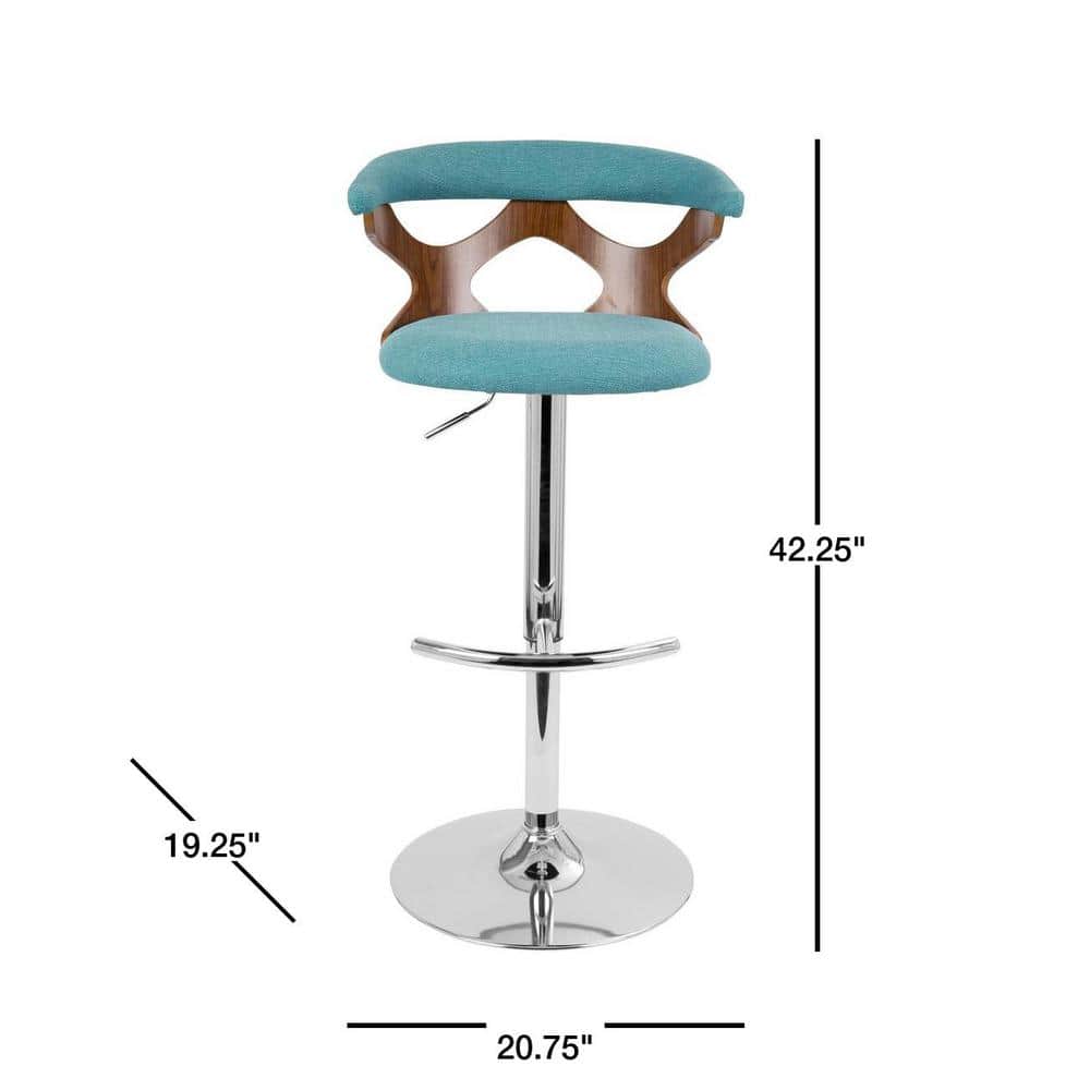 Teal Adjustable Swivel Barstool with Walnut Wood Frame