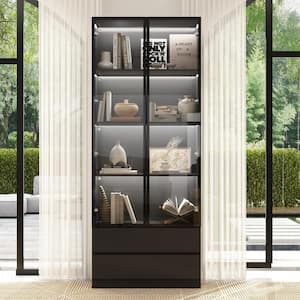 78.7 in. Black Wooden Accent Storage Cabinet With 2-Glass Doors, Drawers, Adjustable Shelves, LED Lights