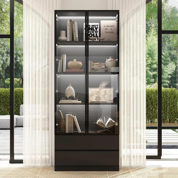 78.7 in. Black Wooden Accent Storage Cabinet With 2-Glass Doors, Drawers, Multiple Shelves, LED Lights