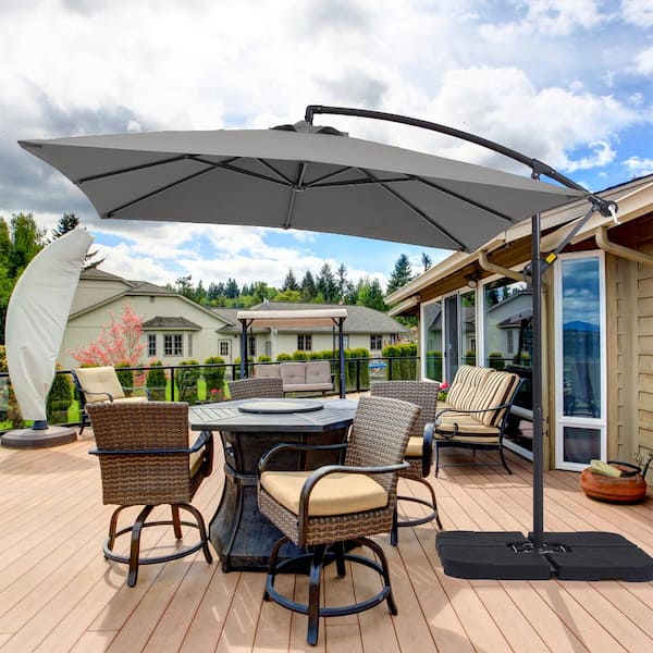 Sonkuki 8.2 ft. x 8.2 ft. Square Offset Cantilever Patio Umbrella with a Base in Gray