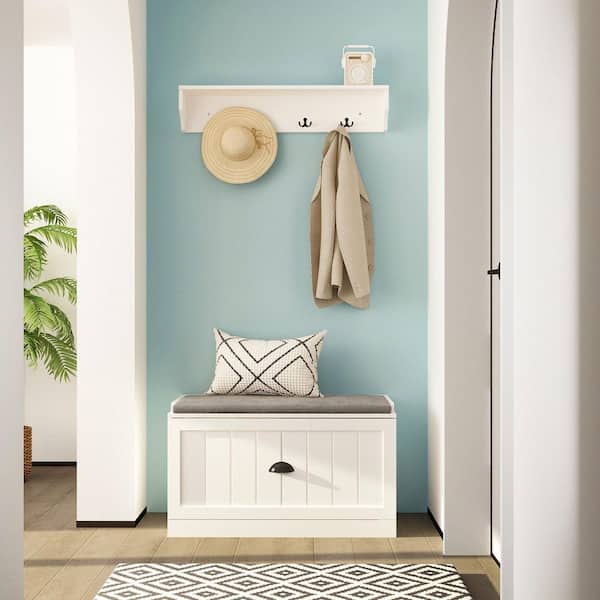 70.9 in. H x 86.8 in. W, White Wood Shoe Storage Bench, Coat Hanger & Wardrobe 3-IN-1 (Shoe Storage Bench & Hanger)