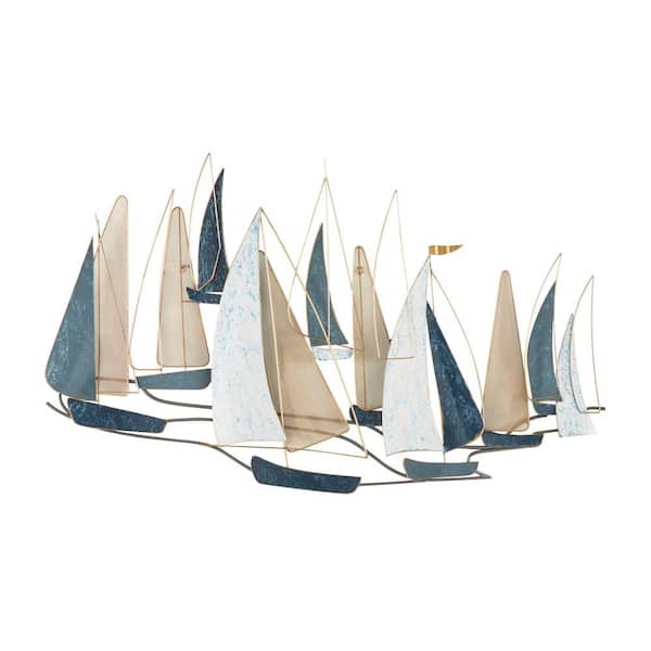 Litton Lane Metal Blue Sail Boat Wall Decor with Gold Wire Accents and Shimmer Details
