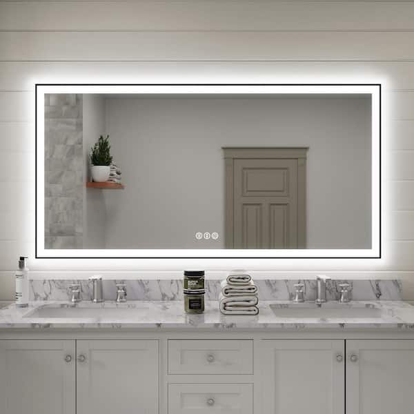 MYCASS 72 in. W x 36 in. H Large Framed Wall Mounted Anti-Fog Dimmer Touch Sensor Bathroom Vanity Mirror in Matte Black