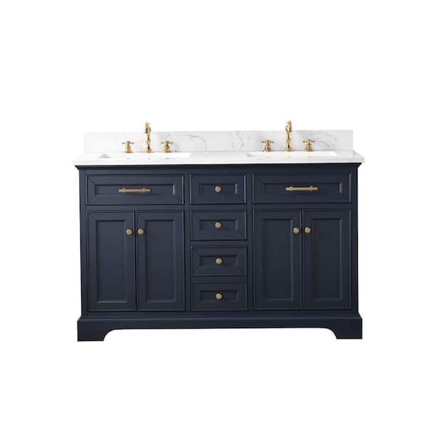 Thompson 54 in. W x 22 in. D Bath Vanity in Indigo Blue with Engineered Stone Top in Carrara White with White Sinks