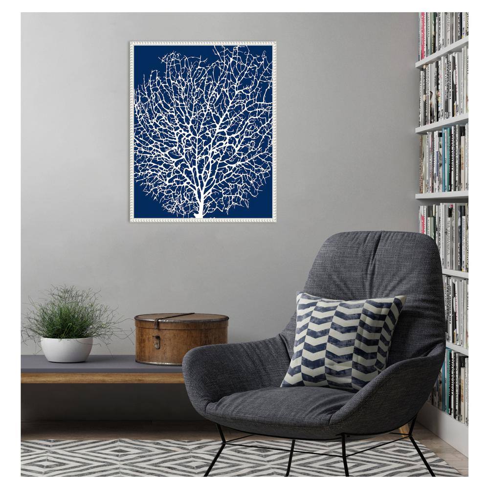 Navy and White Coral Print on Canvas with Beaded Frame