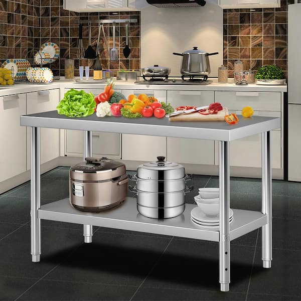 VEVOR Stainless Steel Prep Table 48x30x34 in. Heavy Duty Metal Worktable with Adjustable Undershelf Kitchen Prep Table,Silver